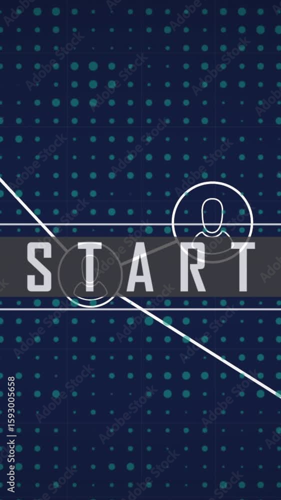 Poster animation of network of profile icons and start text banner against dots pattern on blue background