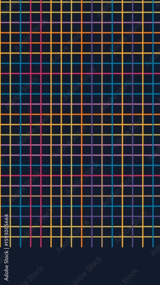 Poster digital animation of colorful criss cross lines against black background