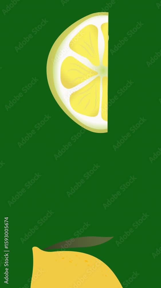 Poster animation of single lemons floating on green background