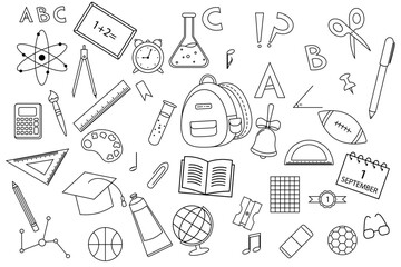 Back to school. Vector icon set. School supplies and elements are drawn. Vector illustrations. EPS10.