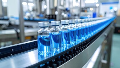 Pharmaceutical vials moving on an automated conveyor belt in a cleanroom