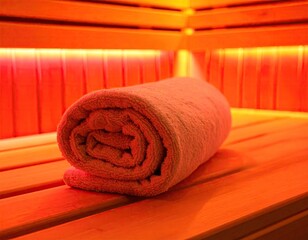 Rolled towel in a wooden sauna