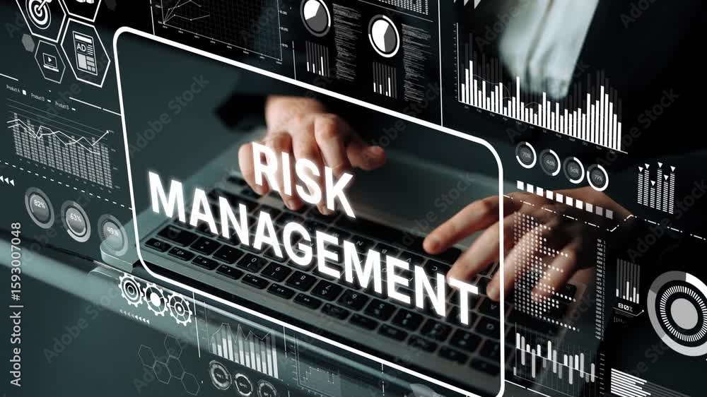 Poster professional person engaging in risk management with data visualization and modern technology elemen