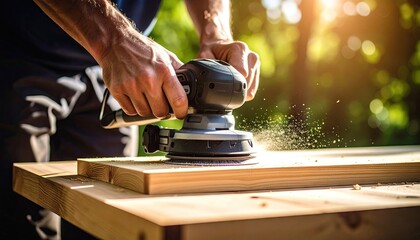 Carpenter using a sander outdoors