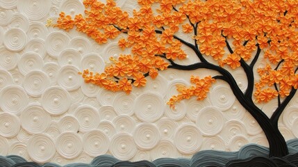 Orange blossom tree on a textured background of circles.