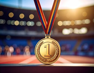 Gold medal hangs over a stadium track