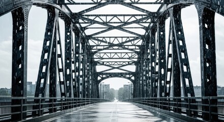 Rainy day on steel bridge with urban skyline in background