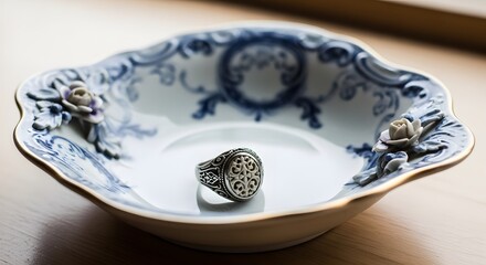 Naklejka premium Close-up shot of a vintage ornate ring inside a decorative blue and white ceramic bowl on a wooden surface illuminated by soft natural light.