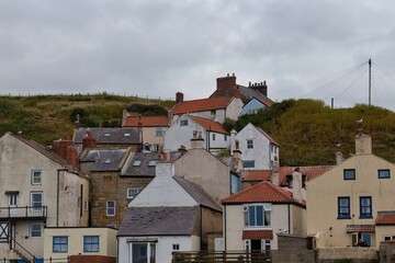 Here is a hillside of houses in a quaint coastal village. The houses have red and gray roofs, and are nestled into a grassy hill  in Staithes - North Yorkshire - United Kingdom