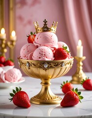 Pink ice cream in ornate bowl