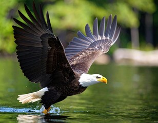 Majestic bald eagle in flight over water