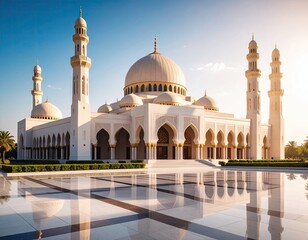 Stunning mosque at sunrise, reflecting in a courtyard