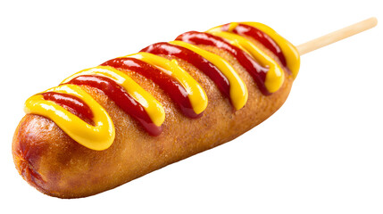 Savory Corn Dog with Ketchup and Mustard Swirl on a Wooden Stick Isolated on Transparent