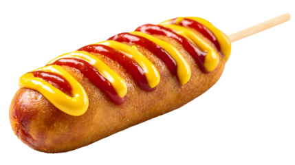 Savory Corn Dog with Ketchup and Mustard Swirl on a Wooden Stick Isolated on Transparent