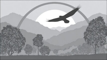 Majestic eagle soaring above a tranquil mountain landscape.