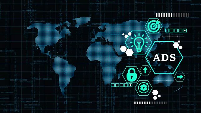 Programmatic Advertising concept. Business, Technology, Internet and network concept. map background. technology background with Cyberspace binary matrix letter bits.