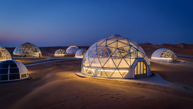 Luxury Desert Getaway: Illuminated Geodesic Domes at Dusk, Modern Architectural Design, Serene Nightscape