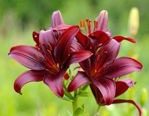 Close-up of deep crimson lilies in garden