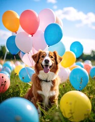 Happy dog surrounded by colorful balloons in a grassy field