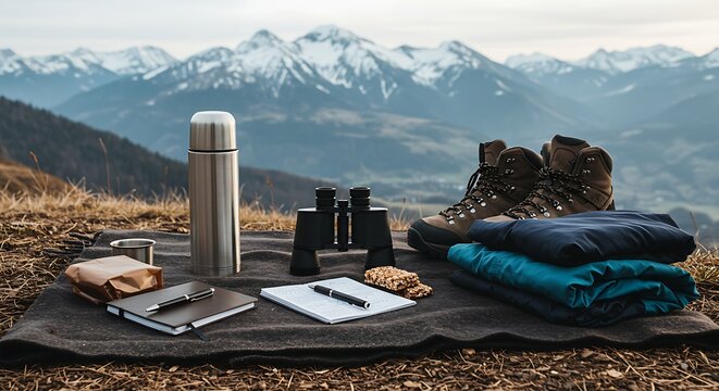 A mountain-view inspired solo picnic: minimal setup with a dark wool blanket, stainless steel thermos, journal and pen, binoculars