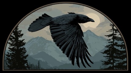 Raven soaring over a mountain landscape.