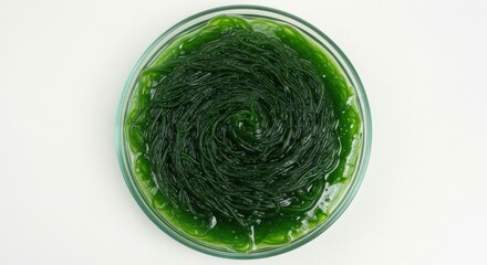 Obraz premium Spirulina algae in eco-friendly glass dish with vivid green swirl pattern