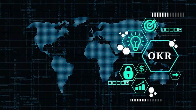 OKR Objectives key results. Business, Technology, Internet and network concept. map background. technology background with Cyberspace binary matrix letter bits.