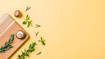 Stock photo of mushrooms and herbs on a cutting board for cooking and food blogs use