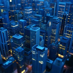 Aerial view of modern city skyline at night with illuminated buildings and skyscrapers
