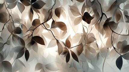 Abstract design of leaves and branches in muted tones.