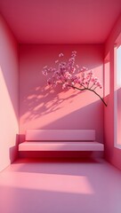 Pink room interior design with cherry blossom branch and modern minimalist bench seat