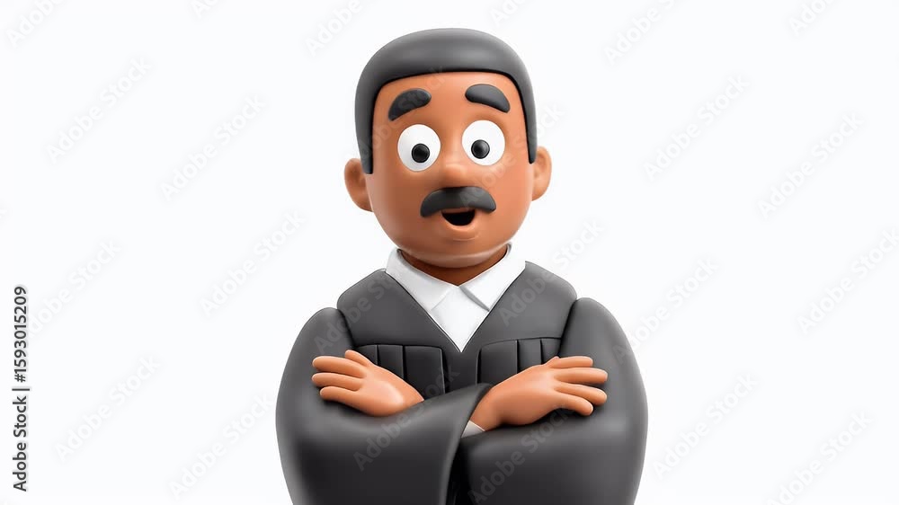 Poster animated judge character with arms crossed and eye movement on white background