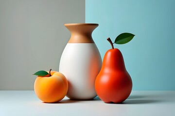 Still life photography of pear peach and vase against a pastel background studio shot