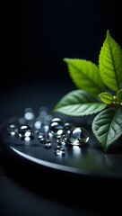 Nature water drops on black surface with green leaves still life photography art