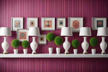 Stylish interior design featuring white lamps topiary and framed art on a shelf decor