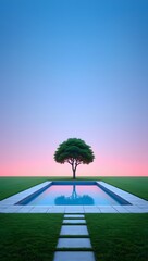 Poolside tranquility a serene landscape with a tree and swimming pool at sunset