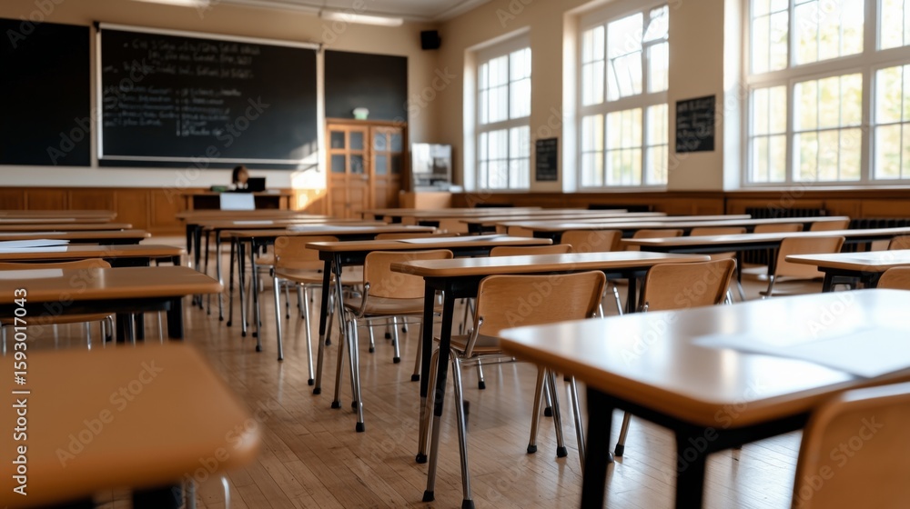 Poster classroom setting with empty desks and a teacher preparing for a lesson in early morning light