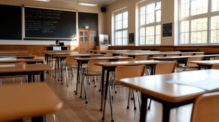 Classroom setting with empty desks and a teacher preparing for a lesson in early morning light