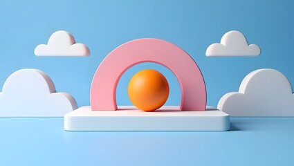 Minimalist geometric shapes background with clouds and sphere for product display
