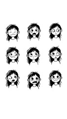 Cartoon girl facial expressions vector set illustration emotions character design art