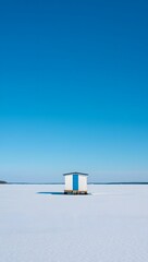 Ice fishing shack on frozen lake under a clear blue sky winter landscape scene view