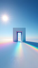 Abstract surreal doorway to heaven concept with rainbow light on blue sky background