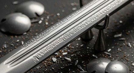 Close-up of a detailed sword blade with historical engravings and metal armor fragments
