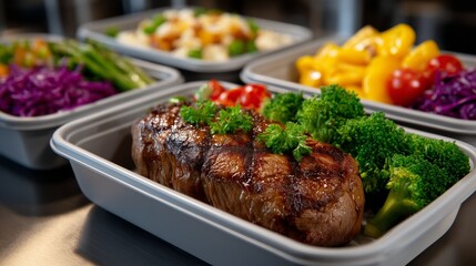 Grilled steak served with colorful vegetables in meal prep containers for healthy eating