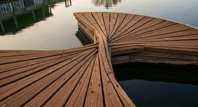 Curved wooden pier over water with reflections at sunset