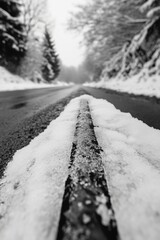 A long, empty winter road after a heavy snowfall. The road is lined with trees and the edges are covered in slushy snow.