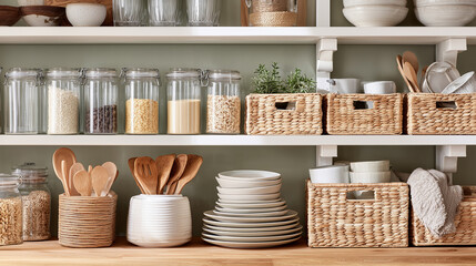 A beautifully organized kitchen storage setup featuring glass spice jars woven baskets and neatly stacked dinnerware on white shelves
