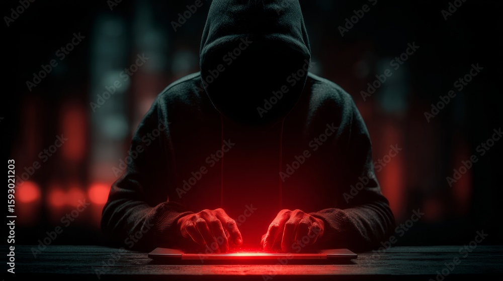 Aufkleber mysterious figure in a dark hoodie, illuminated by red light, typing on a tablet, creating an atmosp