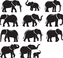set of elephants silhouettes vector