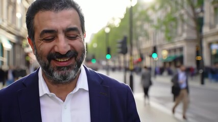Portrait of a successful middle eastern businessman laughing on a bustling urban street - Powered by Adobe